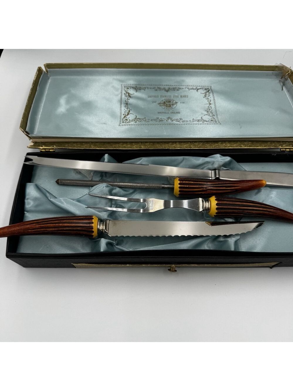 Vintage Sheffield England Carving Set Stainless Steel Blades w/ Case